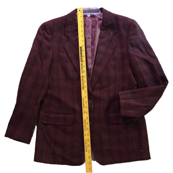 VTG Burberrys Scottish Lambswool Plaid Blazer Womens Sz 10 Burgundy 2 Button USA - Picture 13 of 15